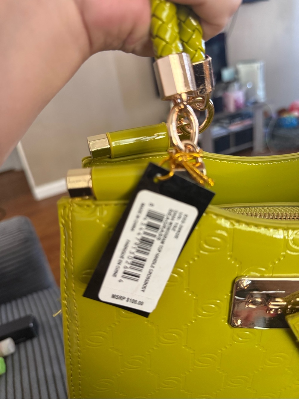 bebe lime patent braided-handle satchel with cardholder retail $109 fancy bag - Picture 11 of 12